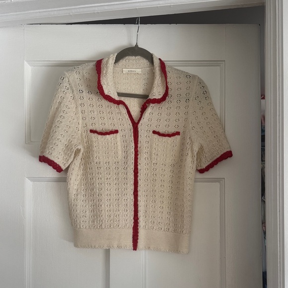 Doen Sweaters - Doen Cream Short-Sleeve Knit Cardigan with Red Trim Accents
